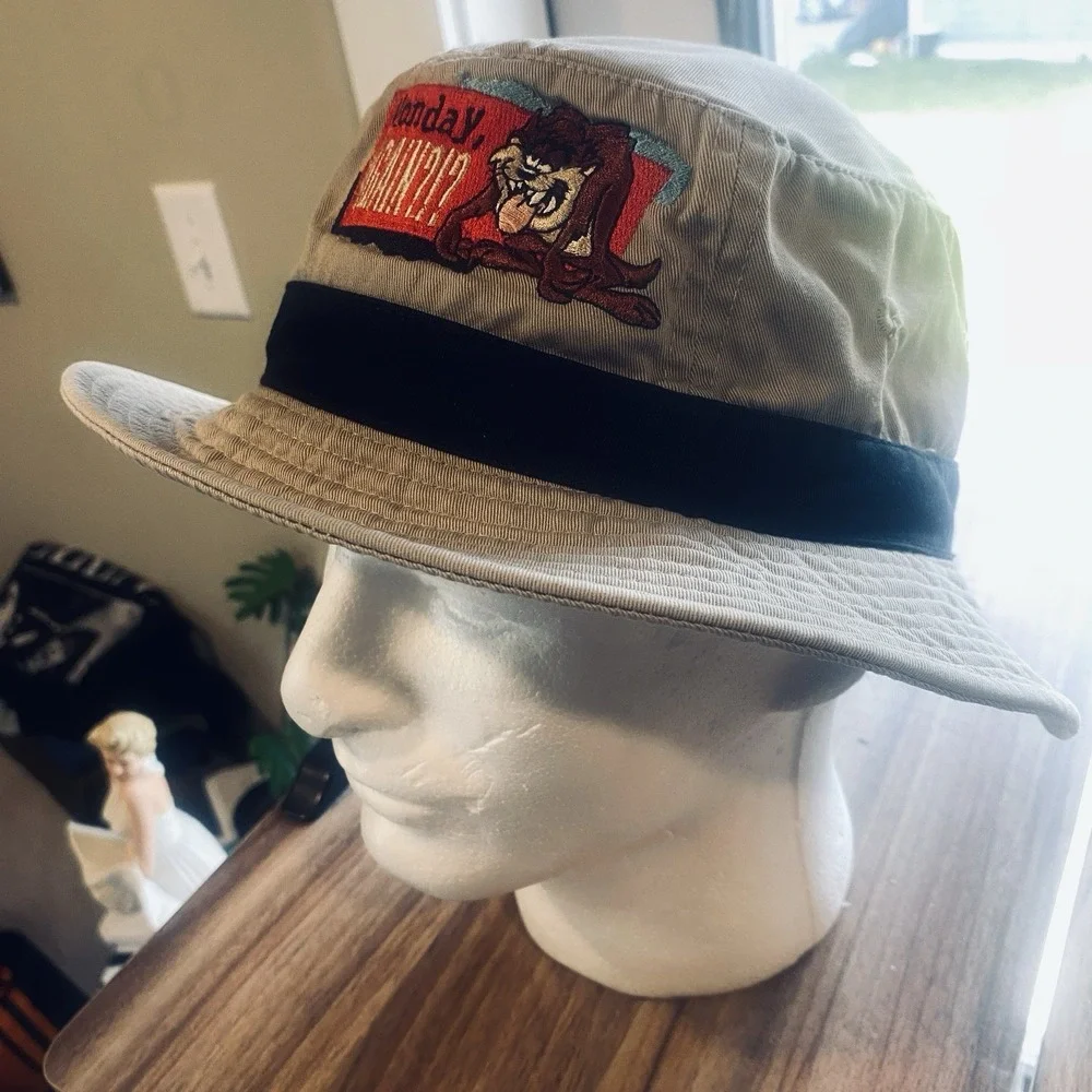 Y2K Looney Tunes Tasmanian Devil Bucket Hat Monday Again‎ Cotton OSFA Adult